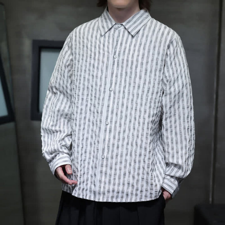 Buddha Stones Camisas de manga larga a rayas con botones, estilo casual de otoño para hombre. - image 13
