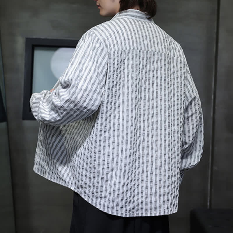 Buddha Stones Camisas de manga larga a rayas con botones, estilo casual de otoño para hombre. - image 12