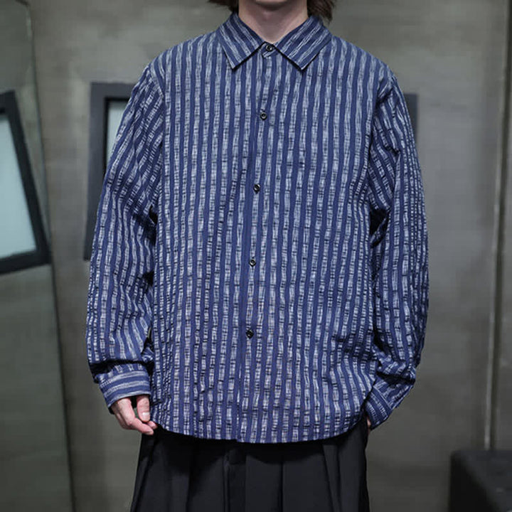Buddha Stones Camisas de manga larga a rayas con botones, estilo casual de otoño para hombre. - image 5