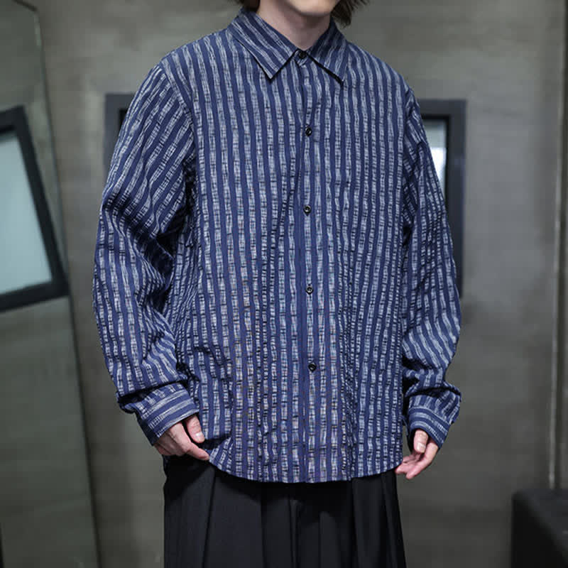 Buddha Stones Camisas de manga larga a rayas con botones, estilo casual de otoño para hombre. - image 2