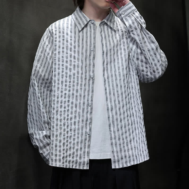 Buddha Stones Camisas de manga larga a rayas con botones, estilo casual de otoño para hombre. - image 15