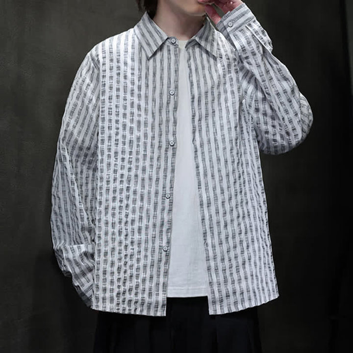Buddha Stones Camisas de manga larga a rayas con botones, estilo casual de otoño para hombre. - image 15