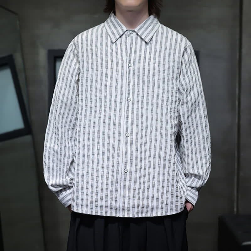Buddha Stones Camisas de manga larga a rayas con botones, estilo casual de otoño para hombre. - image 18