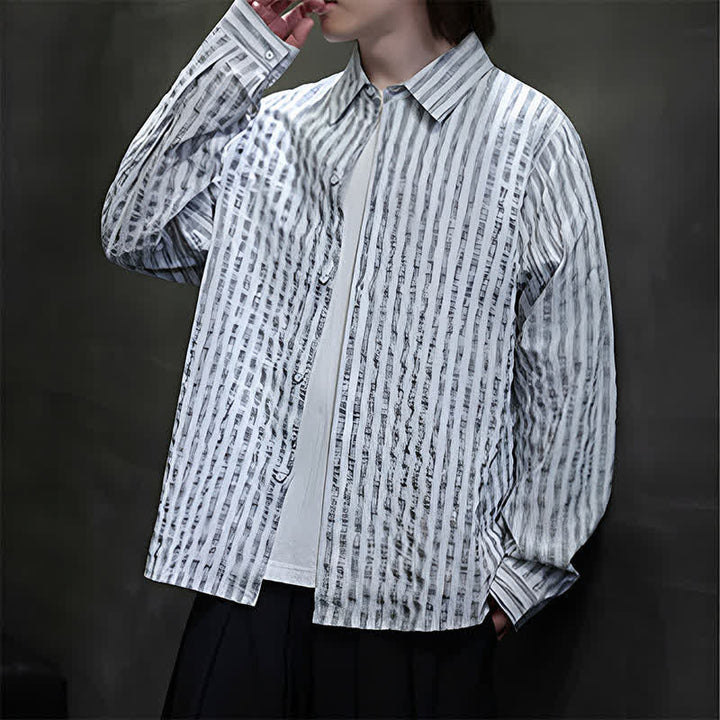 Buddha Stones Camisas de manga larga a rayas con botones, estilo casual de otoño para hombre. - image 17