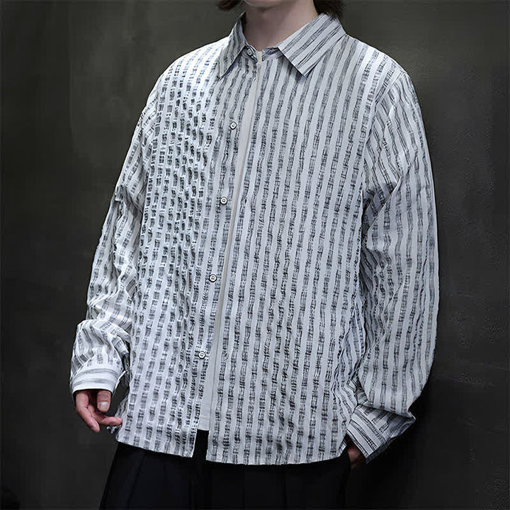 Buddha Stones Camisas de manga larga a rayas con botones, estilo casual de otoño para hombre. - image 16
