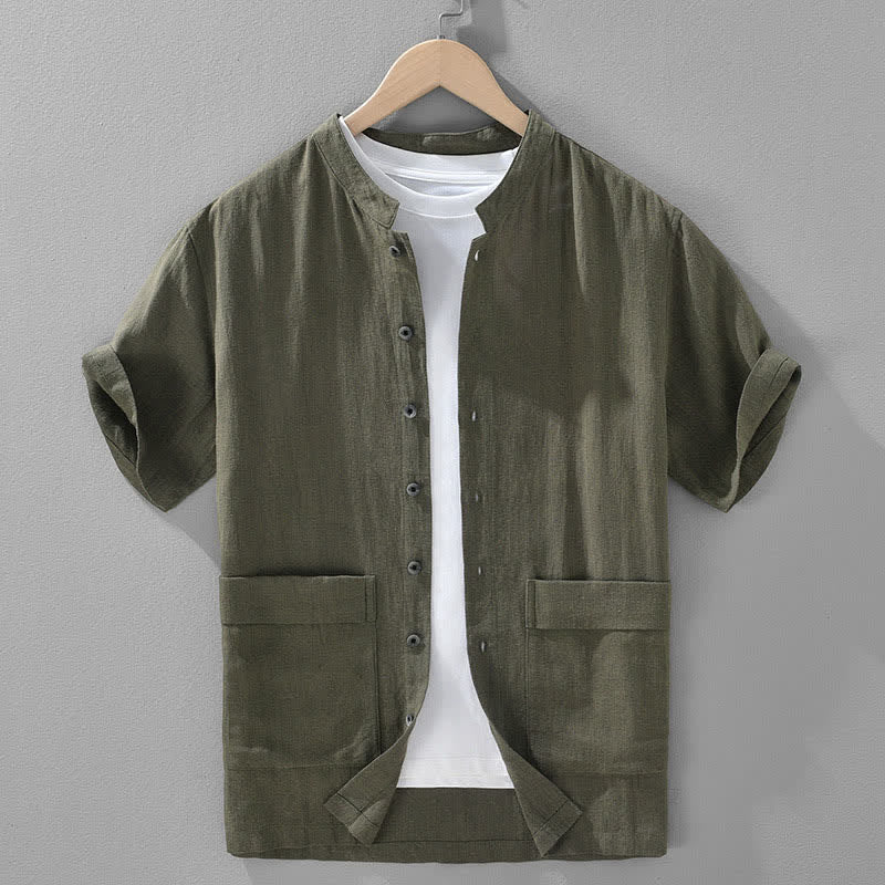 Buddha Stones Camisas de manga corta para hombre, estilo casual de verano, con cuello mandarín, botones y bolsillos. - Verde oliva oscuro - US/UK/AU42, EU52 (3XL) - image 0