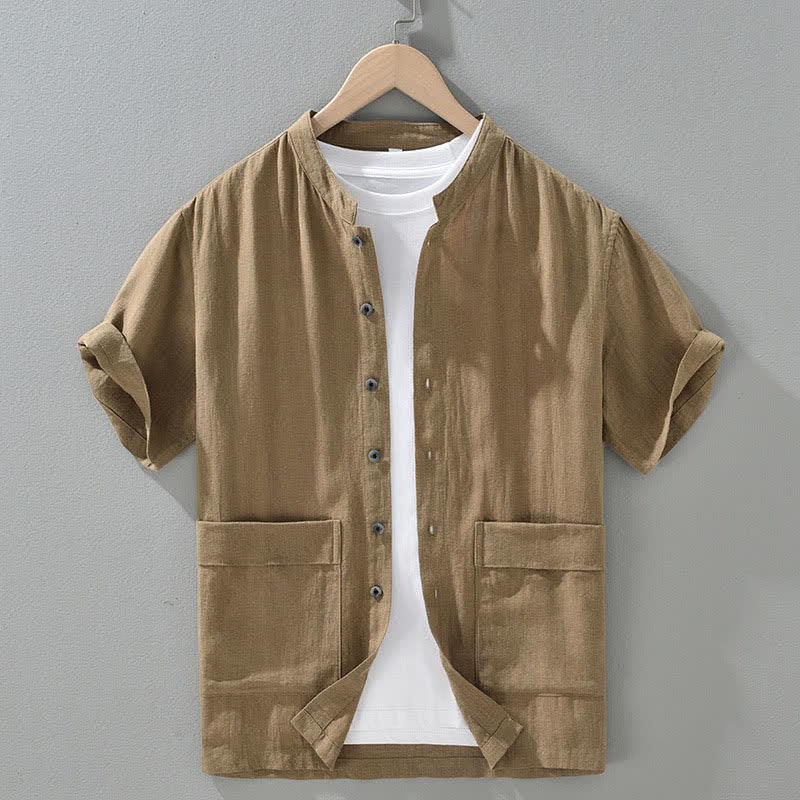 Buddha Stones Camisas de manga corta para hombre, estilo casual de verano, con cuello mandarín, botones y bolsillos. - BurlyWood - US/UK/AU42, EU52 (3XL) - image 1