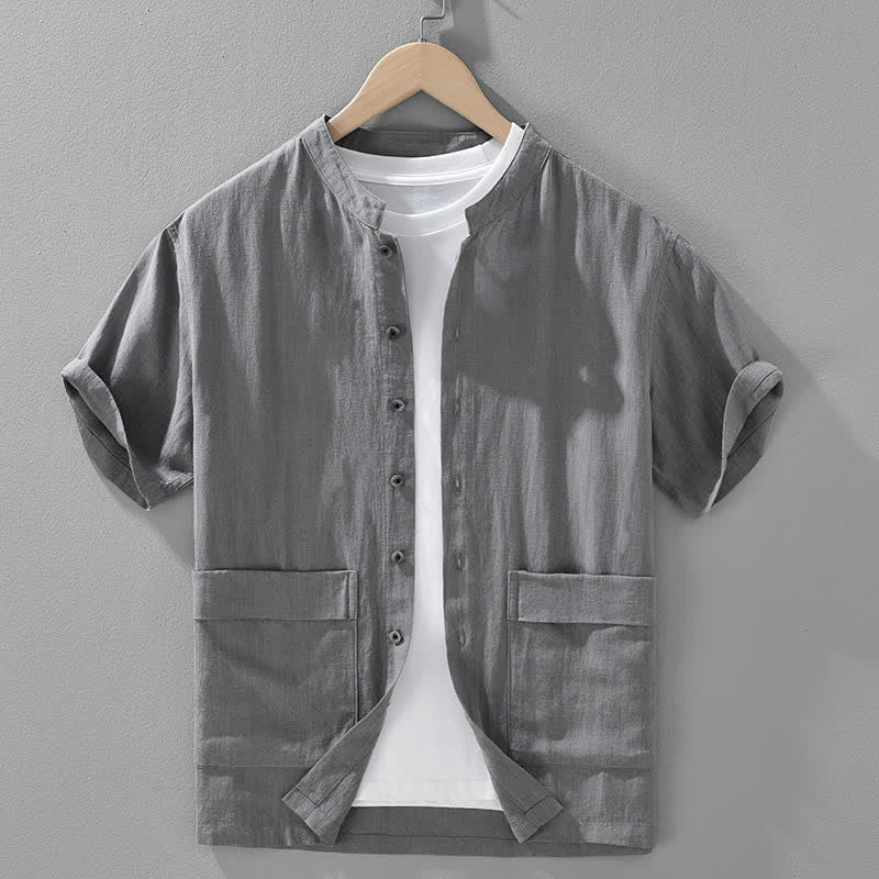 Buddha Stones Camisas de manga corta para hombre, estilo casual de verano, con cuello mandarín, botones y bolsillos. - Gris pizarra - US/UK/AU42, EU52 (3XL) - image 2
