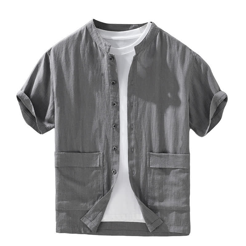 Buddha Stones Camisas de manga corta para hombre, estilo casual de verano, con cuello mandarín, botones y bolsillos. - image 4