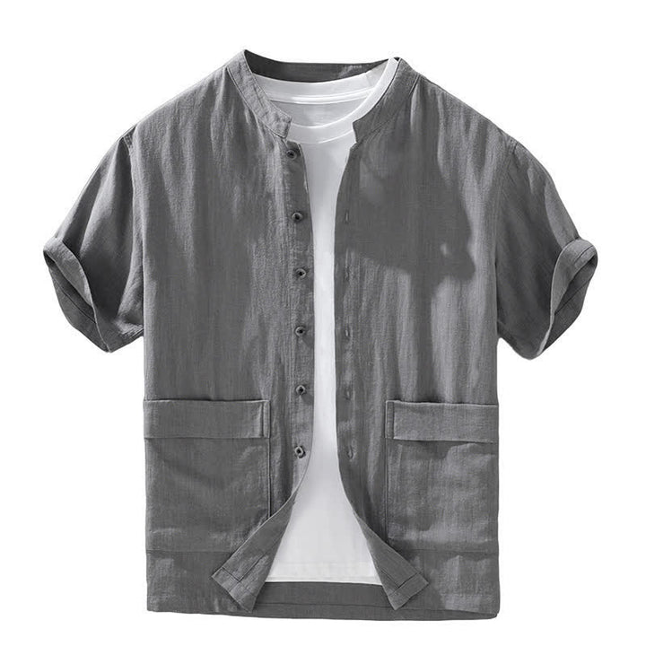 Buddha Stones Camisas de manga corta para hombre, estilo casual de verano, con cuello mandarín, botones y bolsillos. - image 4