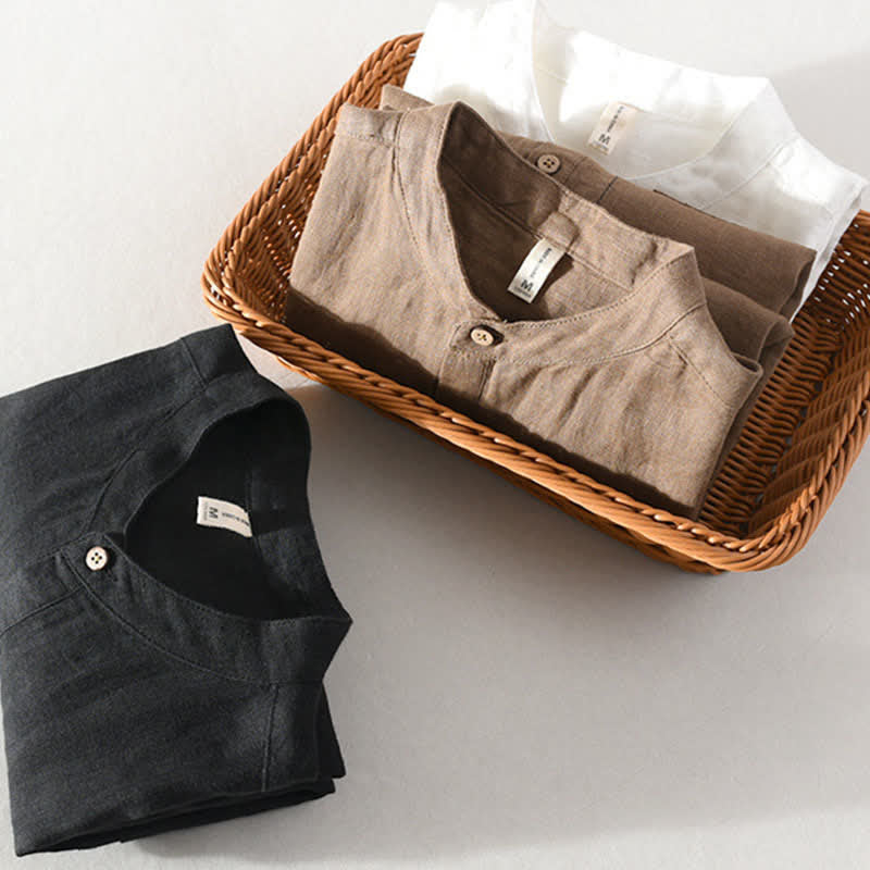 Buddha Stones Camisas de manga corta de lino liso para hombre, estilo Tang, con cuello mandarín y bolsillo de parche, ideales para el verano. - image 22
