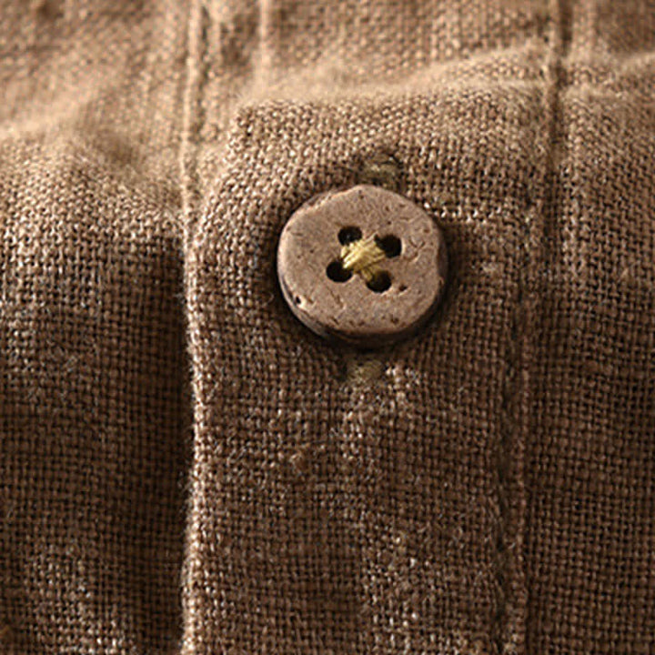 Buddha Stones Camisas de manga corta de lino liso para hombre, estilo Tang, con cuello mandarín y bolsillo de parche, ideales para el verano. - image 4