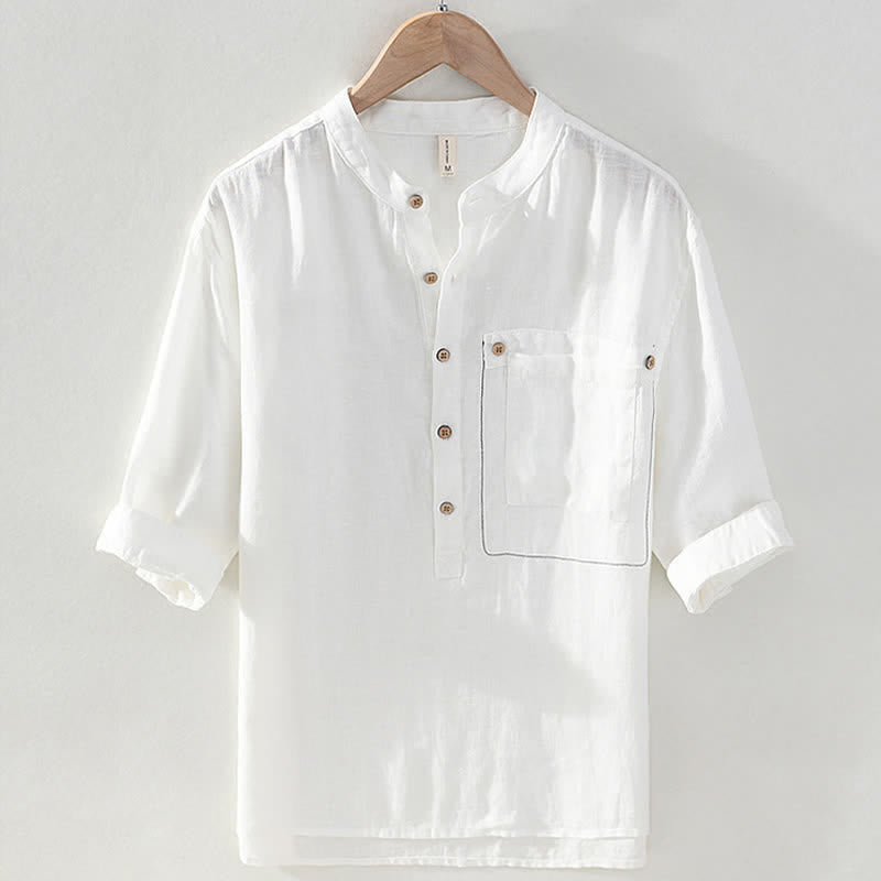 Buddha Stones Camisas de manga corta de lino liso para hombre, estilo Tang, con cuello mandarín y bolsillo de parche, ideales para el verano. - Blanco - US/UK/AU42, EU52 (3XL) - image 13