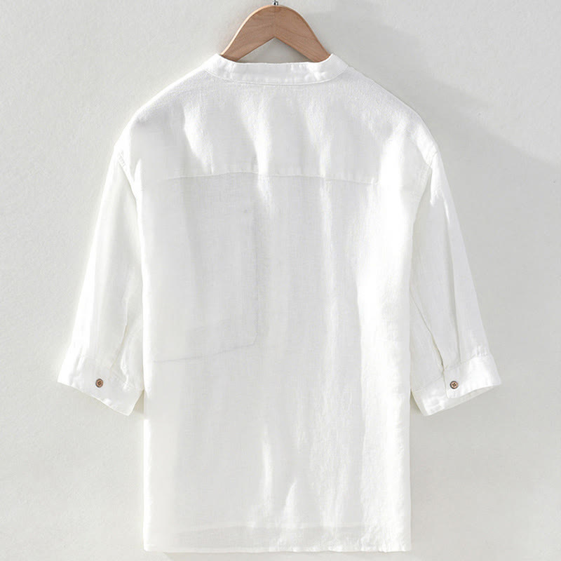 Buddha Stones Camisas de manga corta de lino liso para hombre, estilo Tang, con cuello mandarín y bolsillo de parche, ideales para el verano. - image 14