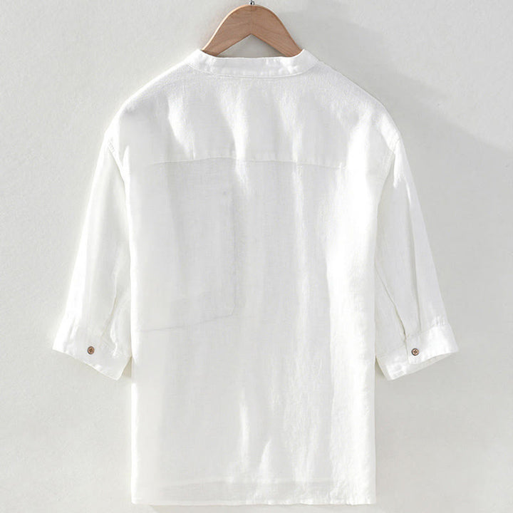 Buddha Stones Camisas de manga corta de lino liso para hombre, estilo Tang, con cuello mandarín y bolsillo de parche, ideales para el verano. - image 14