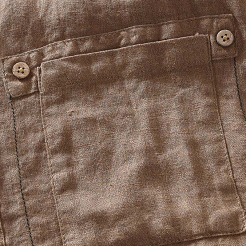 Buddha Stones Camisas de manga corta de lino liso para hombre, estilo Tang, con cuello mandarín y bolsillo de parche, ideales para el verano. - image 3