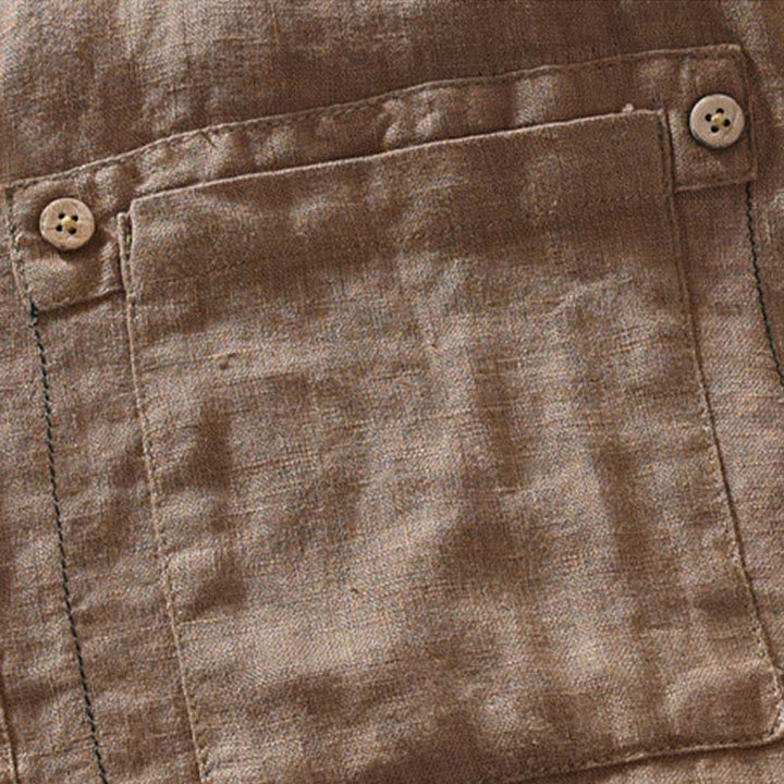 Buddha Stones Camisas de manga corta de lino liso para hombre, estilo Tang, con cuello mandarín y bolsillo de parche, ideales para el verano. - image 3