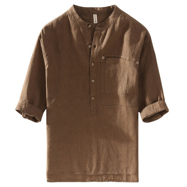 Buddha Stones Camisas de manga corta de lino liso para hombre, estilo Tang, con cuello mandarín y bolsillo de parche, ideales para el verano. - image 1