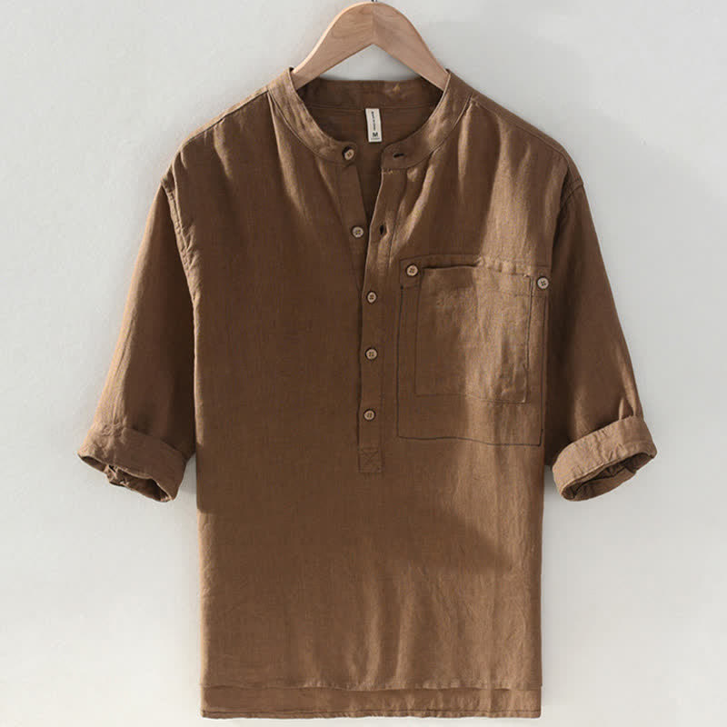 Buddha Stones Camisas de manga corta de lino liso para hombre, estilo Tang, con cuello mandarín y bolsillo de parche, ideales para el verano. - Tierra de siena - US/UK/AU42, EU52 (3XL) - image 0