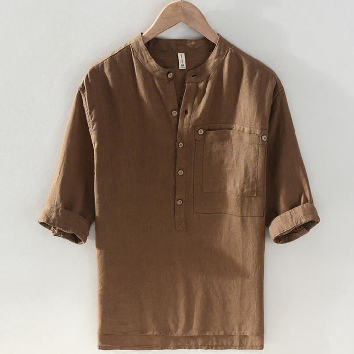 Buddha Stones Camisas de manga corta de lino liso para hombre, estilo Tang, con cuello mandarín y bolsillo de parche, ideales para el verano. - Tierra de siena - US/UK/AU42, EU52 (3XL) - image 0