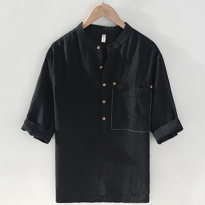 Buddha Stones Camisas de manga corta de lino liso para hombre, estilo Tang, con cuello mandarín y bolsillo de parche, ideales para el verano. - Negro - US/UK/AU42, EU52 (3XL) - image 8