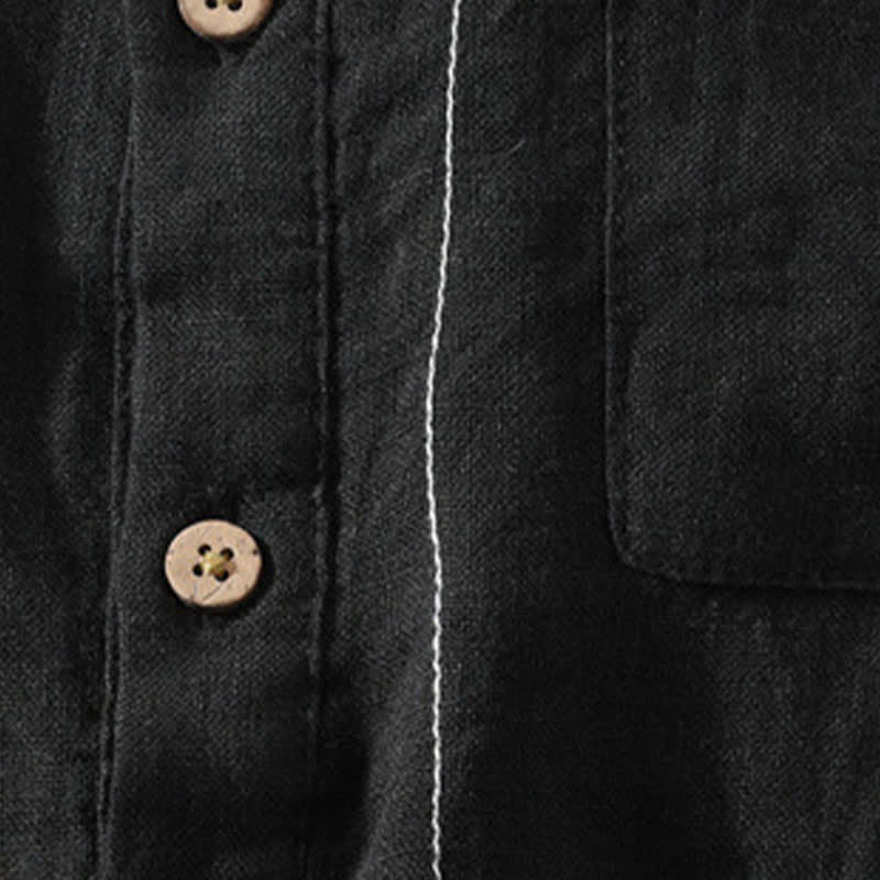 Buddha Stones Camisas de manga corta de lino liso para hombre, estilo Tang, con cuello mandarín y bolsillo de parche, ideales para el verano. - image 12