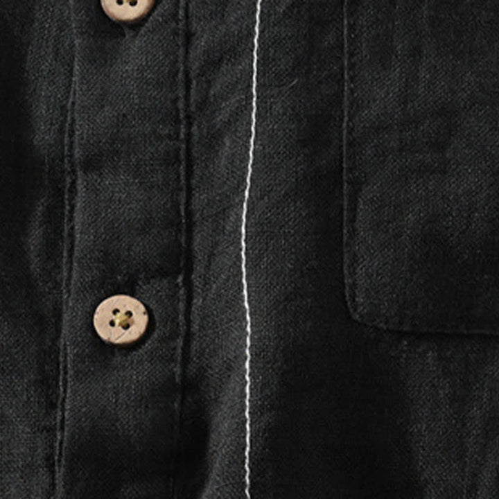 Buddha Stones Camisas de manga corta de lino liso para hombre, estilo Tang, con cuello mandarín y bolsillo de parche, ideales para el verano. - image 12