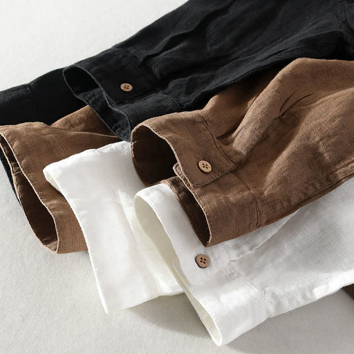 Buddha Stones Camisas de manga corta de lino liso para hombre, estilo Tang, con cuello mandarín y bolsillo de parche, ideales para el verano. - image 24