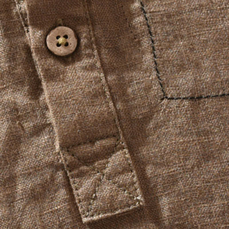 Buddha Stones Camisas de manga corta de lino liso para hombre, estilo Tang, con cuello mandarín y bolsillo de parche, ideales para el verano. - image 5