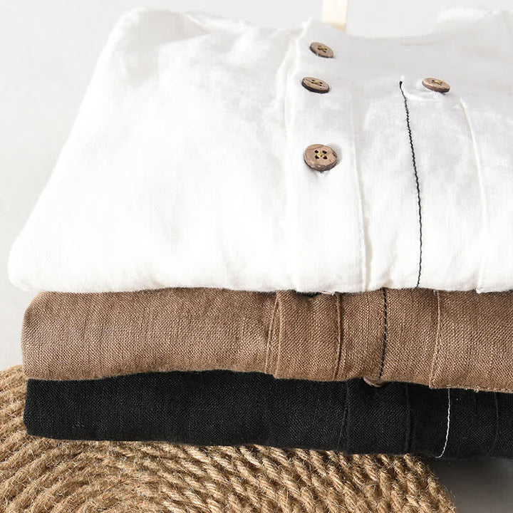 Buddha Stones Camisas de manga corta de lino liso para hombre, estilo Tang, con cuello mandarín y bolsillo de parche, ideales para el verano. - image 23
