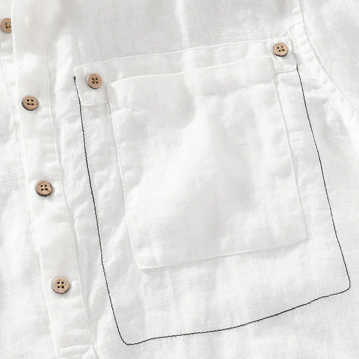 Buddha Stones Camisas de manga corta de lino liso para hombre, estilo Tang, con cuello mandarín y bolsillo de parche, ideales para el verano. - image 16