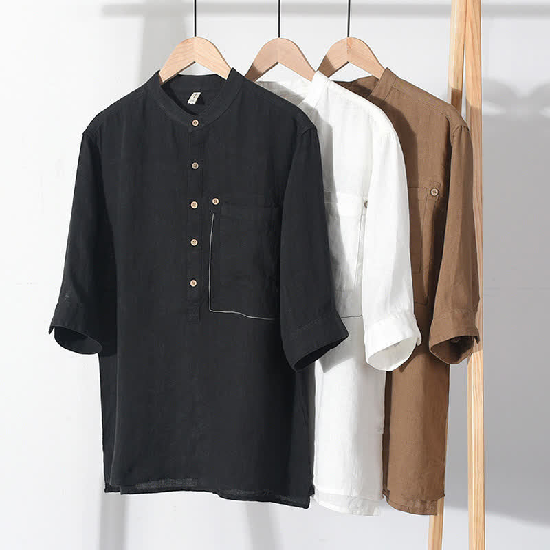 Buddha Stones Camisas de manga corta de lino liso para hombre, estilo Tang, con cuello mandarín y bolsillo de parche, ideales para el verano. - image 21