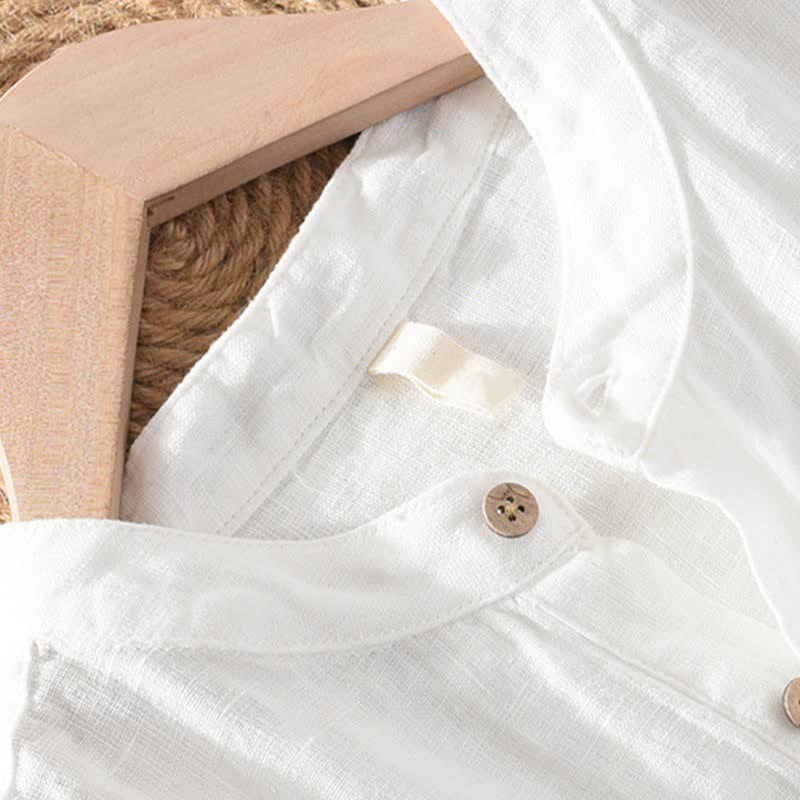 Buddha Stones Camisas de manga corta de lino liso para hombre, estilo Tang, con cuello mandarín y bolsillo de parche, ideales para el verano. - image 15
