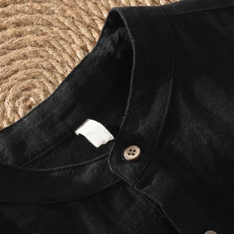 Buddha Stones Camisas de manga corta de lino liso para hombre, estilo Tang, con cuello mandarín y bolsillo de parche, ideales para el verano. - image 9