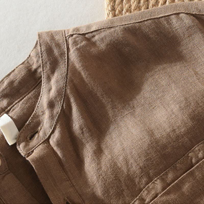 Buddha Stones Camisas de manga corta de lino liso para hombre, estilo Tang, con cuello mandarín y bolsillo de parche, ideales para el verano. - image 2