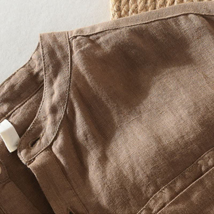 Buddha Stones Camisas de manga corta de lino liso para hombre, estilo Tang, con cuello mandarín y bolsillo de parche, ideales para el verano. - image 2