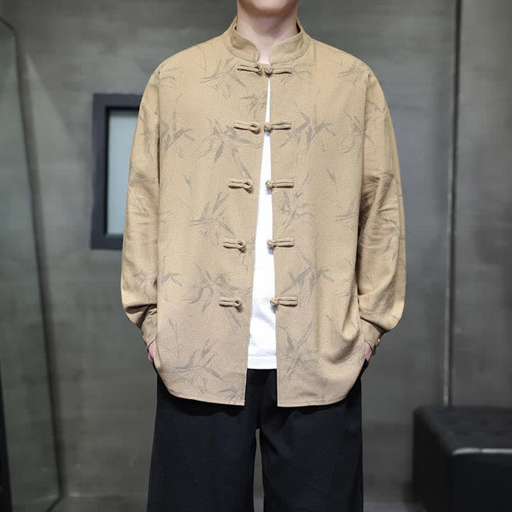 Buddha Stones Camisas de manga larga para hombre estilo Tang vintage con cuello mandarín y estampado de hojas de bambú, de algodón y lino. - image 15
