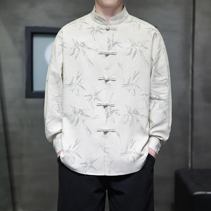 Buddha Stones Camisas de manga larga para hombre estilo Tang vintage con cuello mandarín y estampado de hojas de bambú, de algodón y lino. - image 2