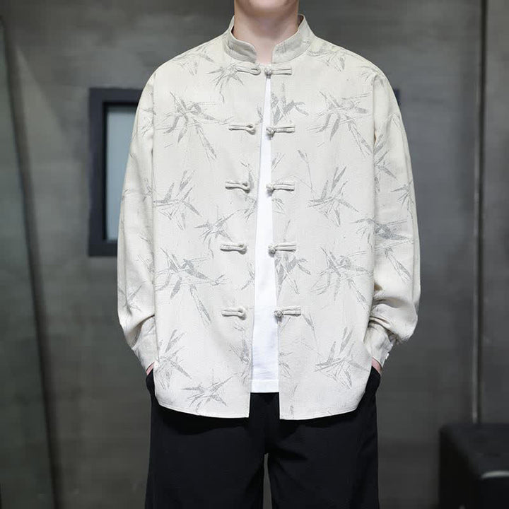 Buddha Stones Camisas de manga larga para hombre estilo Tang vintage con cuello mandarín y estampado de hojas de bambú, de algodón y lino. - Blanco - US/UK/AU46, EU56 (5XL) - image 0