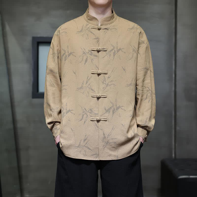 Buddha Stones Camisas de manga larga para hombre estilo Tang vintage con cuello mandarín y estampado de hojas de bambú, de algodón y lino. - Broncearse - US/UK/AU46, EU56 (5XL) - image 11