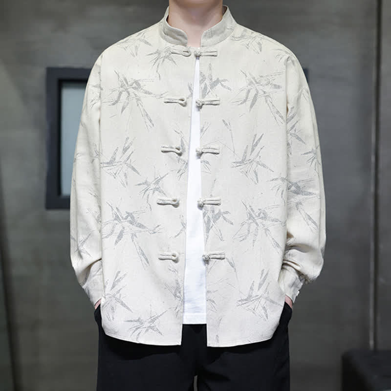 Buddha Stones Camisas de manga larga para hombre estilo Tang vintage con cuello mandarín y estampado de hojas de bambú, de algodón y lino. - image 8