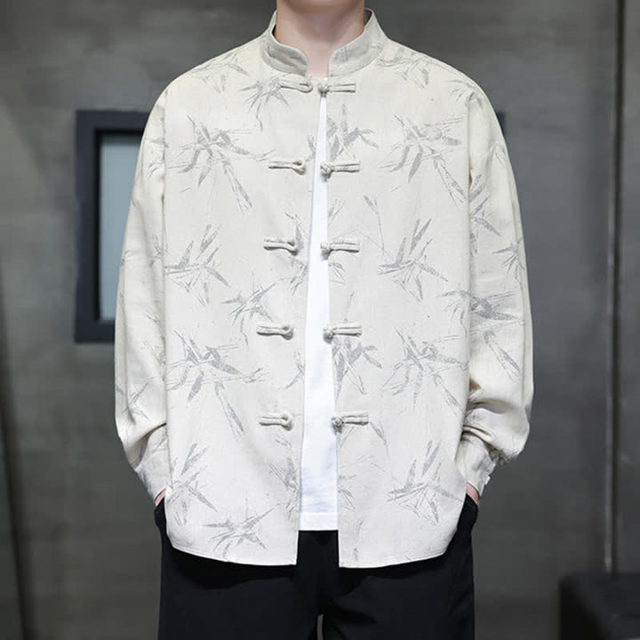 Buddha Stones Camisas de manga larga para hombre estilo Tang vintage con cuello mandarín y estampado de hojas de bambú, de algodón y lino. - image 8