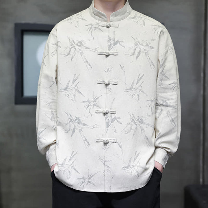 Buddha Stones Camisas de manga larga para hombre estilo Tang vintage con cuello mandarín y estampado de hojas de bambú, de algodón y lino. - image 5