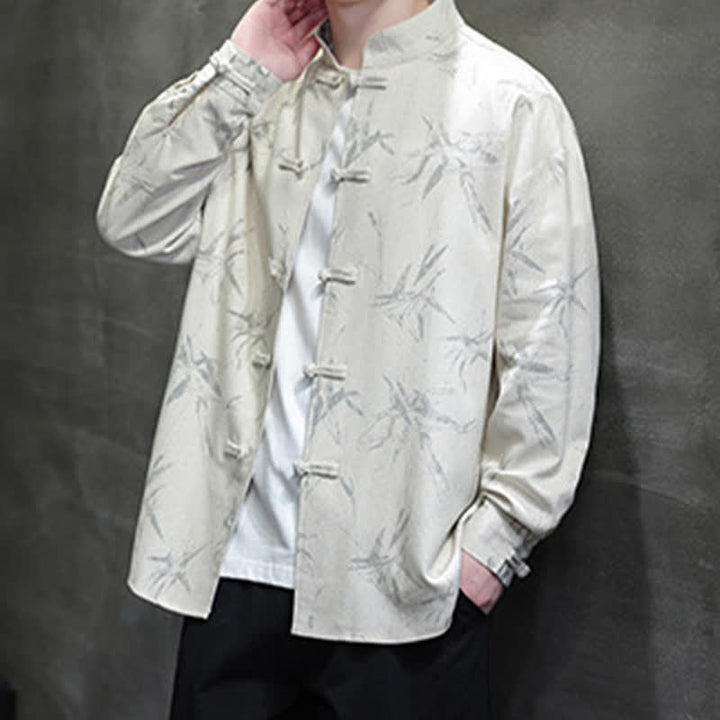 Buddha Stones Camisas de manga larga para hombre estilo Tang vintage con cuello mandarín y estampado de hojas de bambú, de algodón y lino. - image 4
