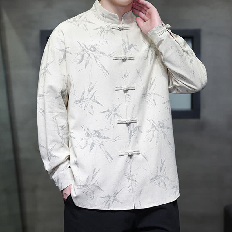 Buddha Stones Camisas de manga larga para hombre estilo Tang vintage con cuello mandarín y estampado de hojas de bambú, de algodón y lino. - image 1