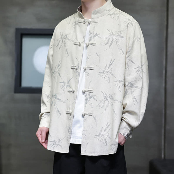 Buddha Stones Camisas de manga larga para hombre estilo Tang vintage con cuello mandarín y estampado de hojas de bambú, de algodón y lino. - image 7