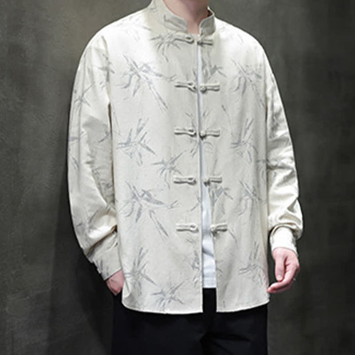 Buddha Stones Camisas de manga larga para hombre estilo Tang vintage con cuello mandarín y estampado de hojas de bambú, de algodón y lino. - image 9