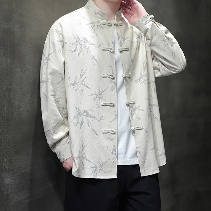 Buddha Stones Camisas de manga larga para hombre estilo Tang vintage con cuello mandarín y estampado de hojas de bambú, de algodón y lino. - image 3