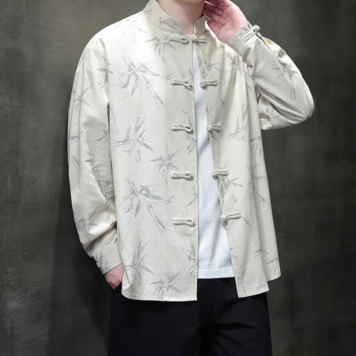 Buddha Stones Camisas de manga larga para hombre estilo Tang vintage con cuello mandarín y estampado de hojas de bambú, de algodón y lino. - image 3