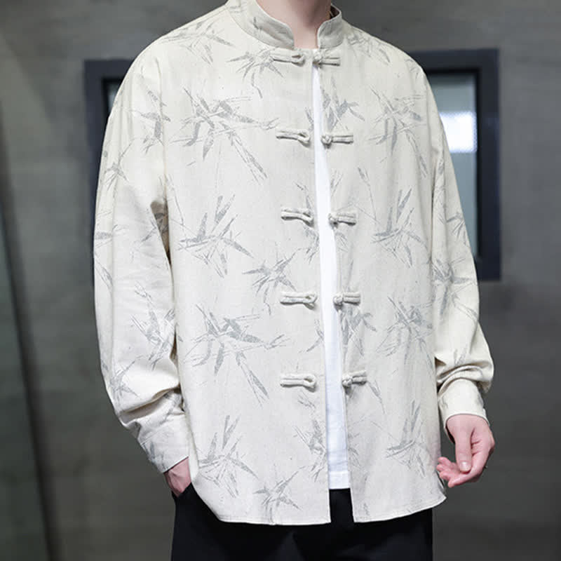 Buddha Stones Camisas de manga larga para hombre estilo Tang vintage con cuello mandarín y estampado de hojas de bambú, de algodón y lino. - image 6